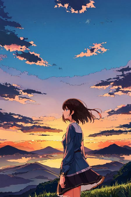 01830-2463906213-ligne claire, flat color,_1girl,_from behind, brown hair,_looking away, sky, clouds,_sunset, mountains, crystal butterflies, mel.png